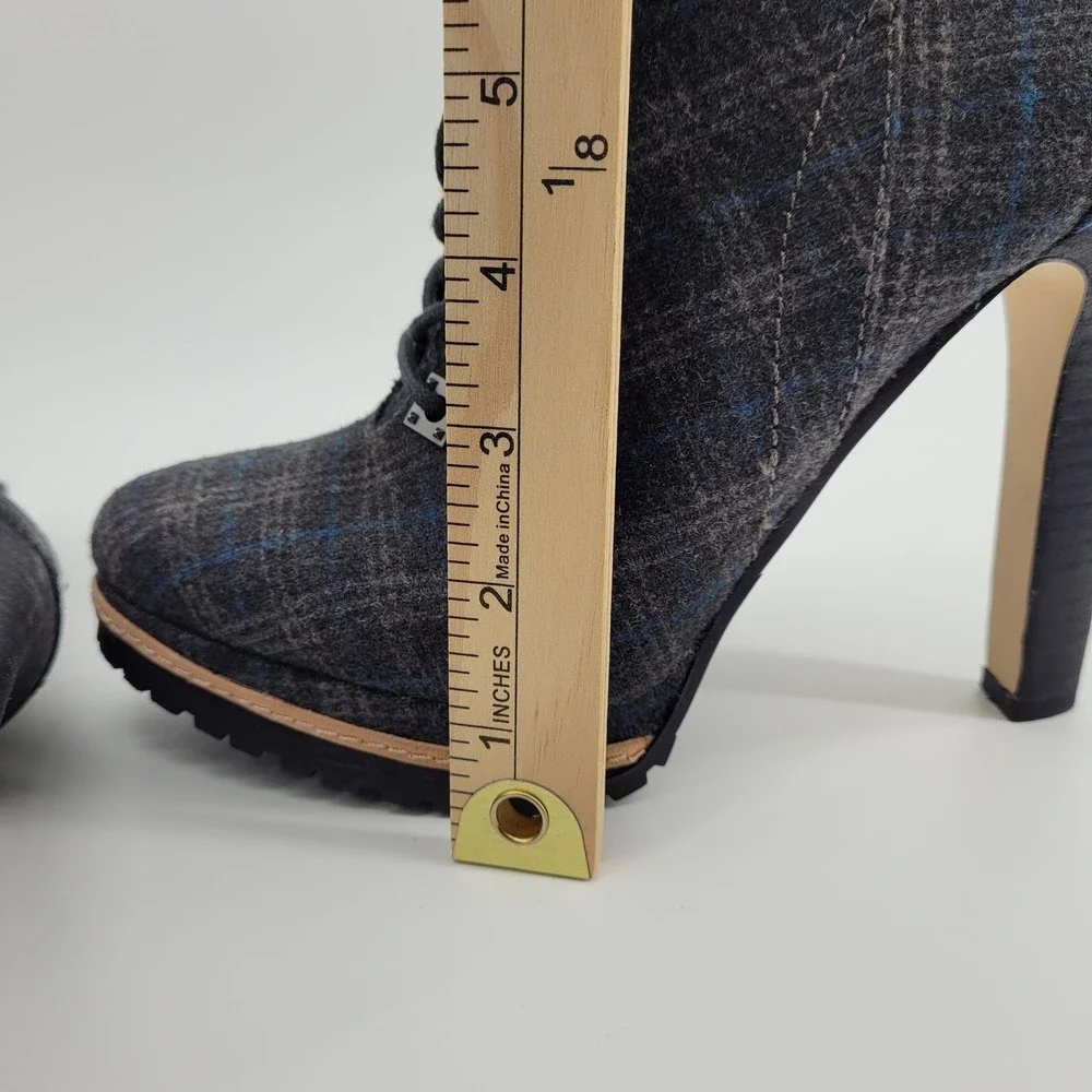 Gianni Bini Tosti Grey Plaid Lace Up Stiletto Platform Ankle Boots Womens 7M